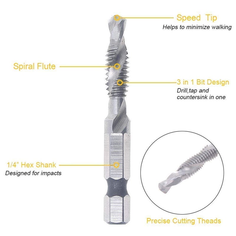 AUTOTOOLHOME 6 Pack Combination Drill and Tap Bit Set 6-32nc 8-32nc 10-32nc 10-24nc 12-24nc 1/4-20nc Screw Tap Drill Bits for Drilling Tapping Countersinking - Image 2